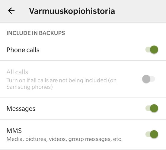 Kuvassa valittuna kohteet, jotka halutaan varmuuskopioida