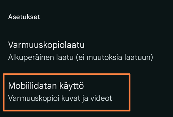 Valikko, jossa korostettuna kohta Mobiilidatan kytt