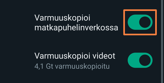 Kohta, josta voi WhatsAppille kertoa, ett varmuuskopioinnin saa tehd mys knnykkdatan kautta