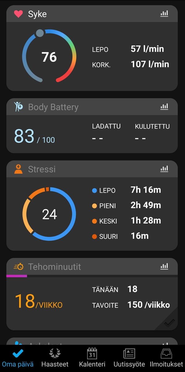 Garminin sovelluksen päänäkymä