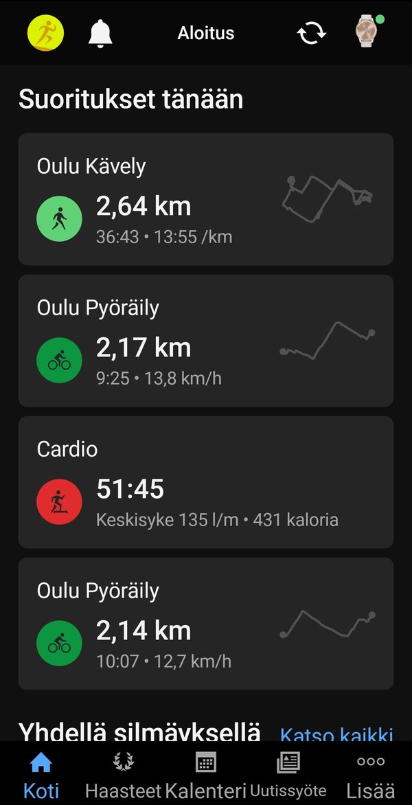 Garmin Connectin päänäkymä 1/2