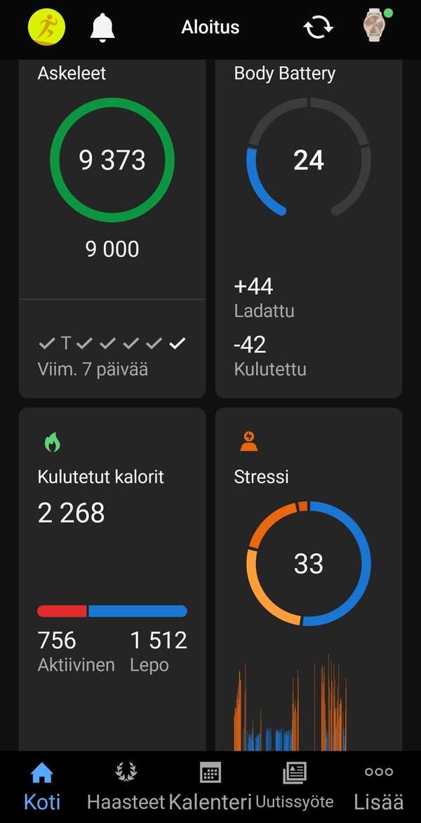 Garmin Connectin päänäkymä 2/2