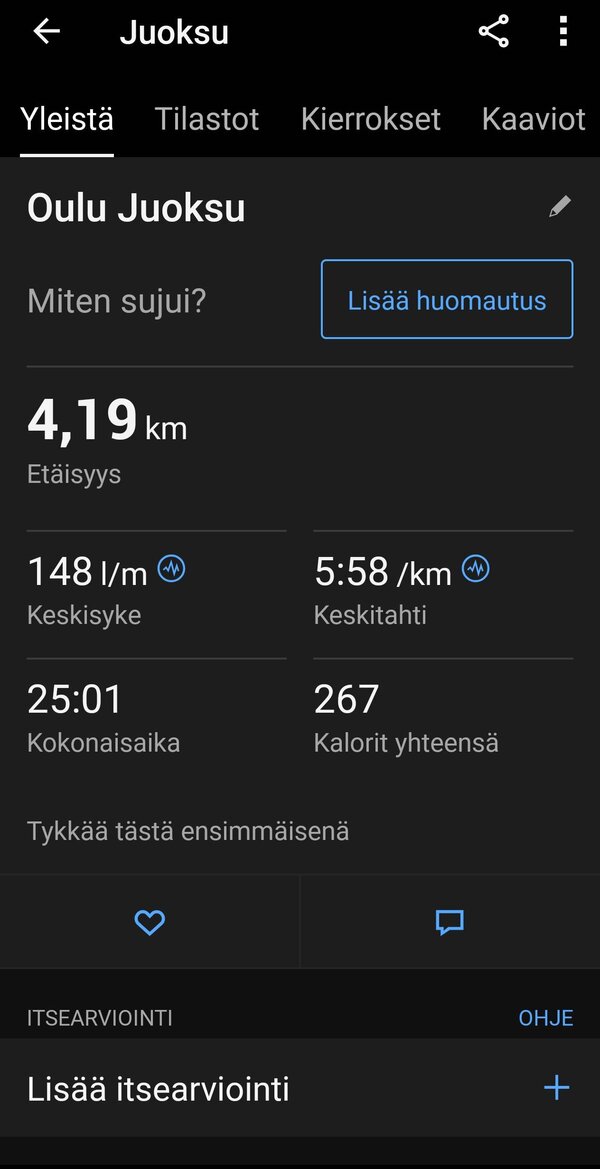 Garmin Vivomove Trendin keräämää yhden juoksulenkin statistiikkaa 1/8