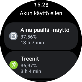 Ruutukaappaus OnePlus Watch 2:n akun kulutusta kuvaavasta näkymästä
