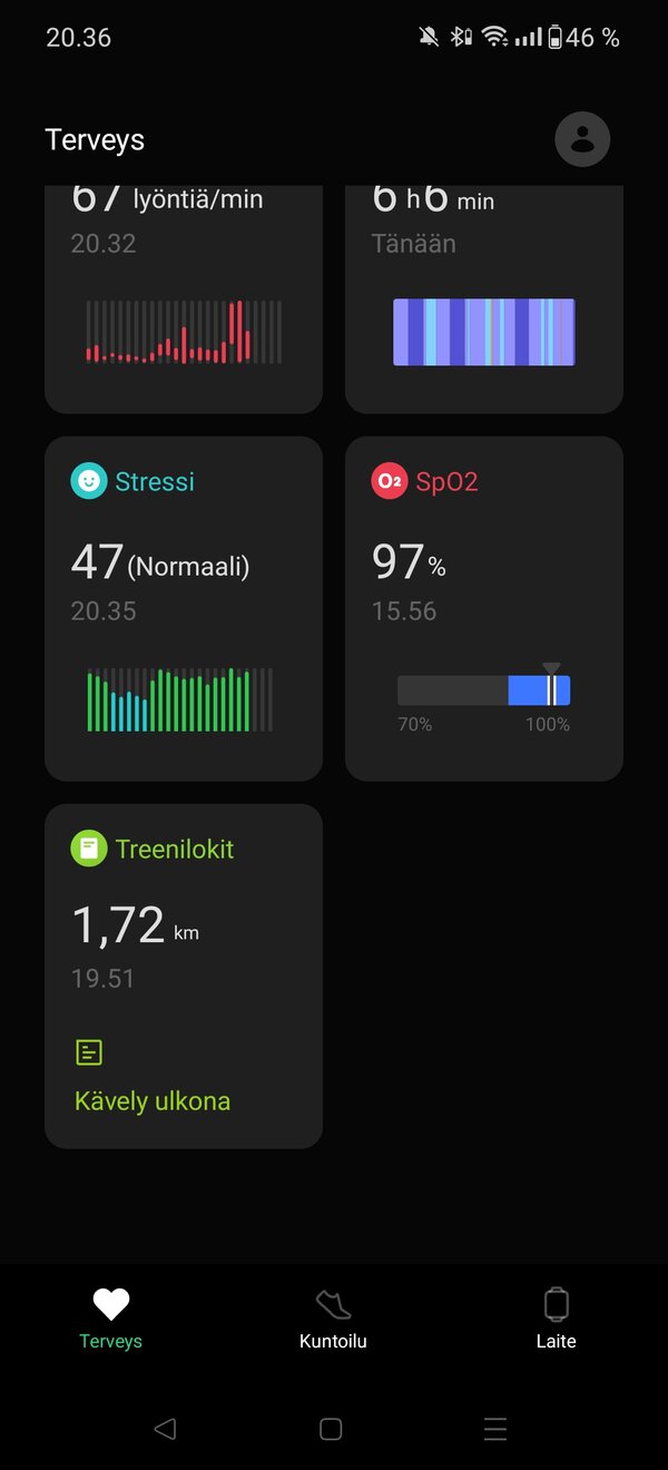 OHealth -sovelluksen ruutukaappauksia, 2/8